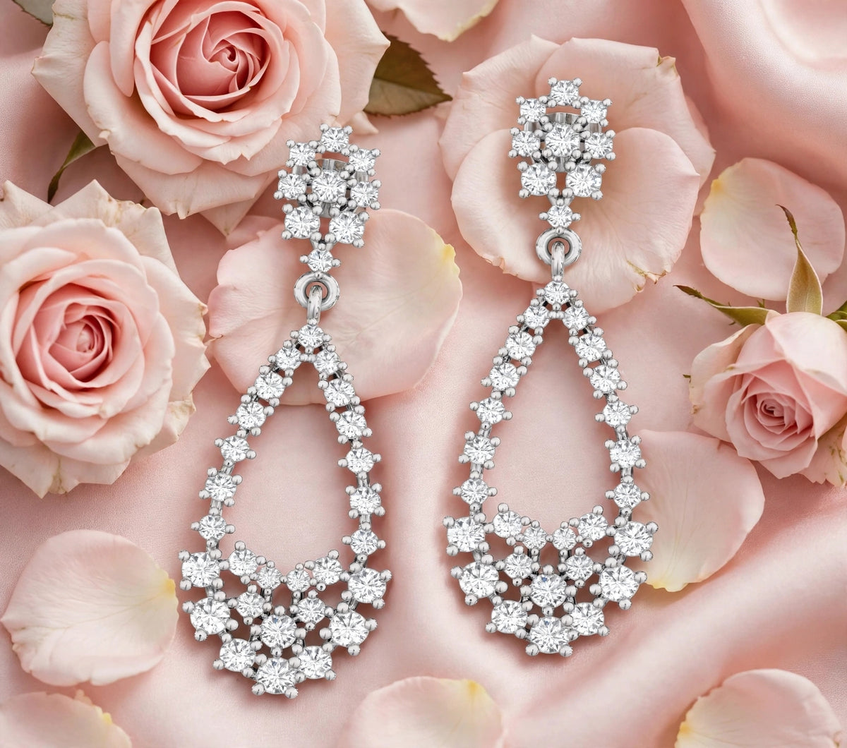 Unique Oval Teardrop Scatter Diamond Earrings for Women 14K White Gold TW 1.72CT