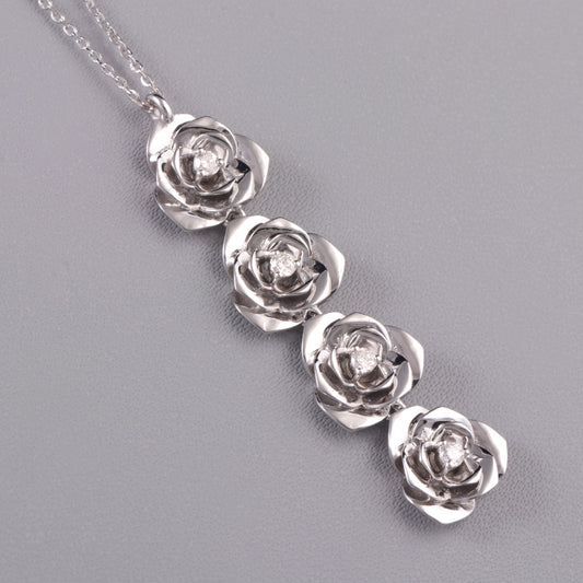 14K Rose Flower White Gold Diamond Pendant Necklace Modern Fancy Brilliant Women's Jewelry