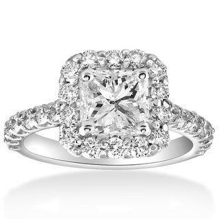 LAB GROWN Halo Square Cut Diamond Engagement Ring with 1.5 Ct main stone - 14K White Gold - Custom Design