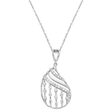 14K White Gold Diamond Pendant Necklace TW .35ct - Modern Filigree Teardrop Pear Fancy Brilliant Women's Jewelry