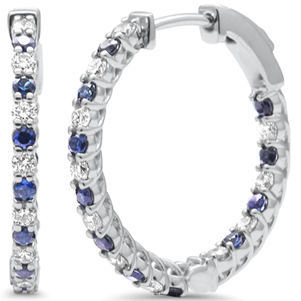 14K White Gold Sapphire and Diamond Hoop Earring TW 1.14ct Brilliant Natural Diamond Gold Blue Earrings 3/4 Inch