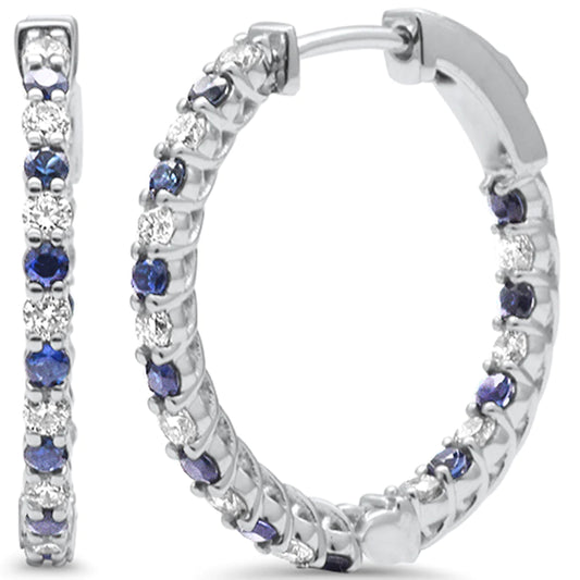 14K White Gold Sapphire and Diamond Hoop Earring TW 1.14ct Brilliant Natural Diamond Gold Blue Earrings 3/4 Inch