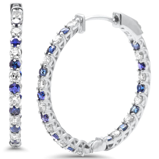 14K White Gold Sapphire and Diamond Hoop Earring TW 2.18ct Brilliant Natural Diamond Gold Blue Earrings 1 Inch